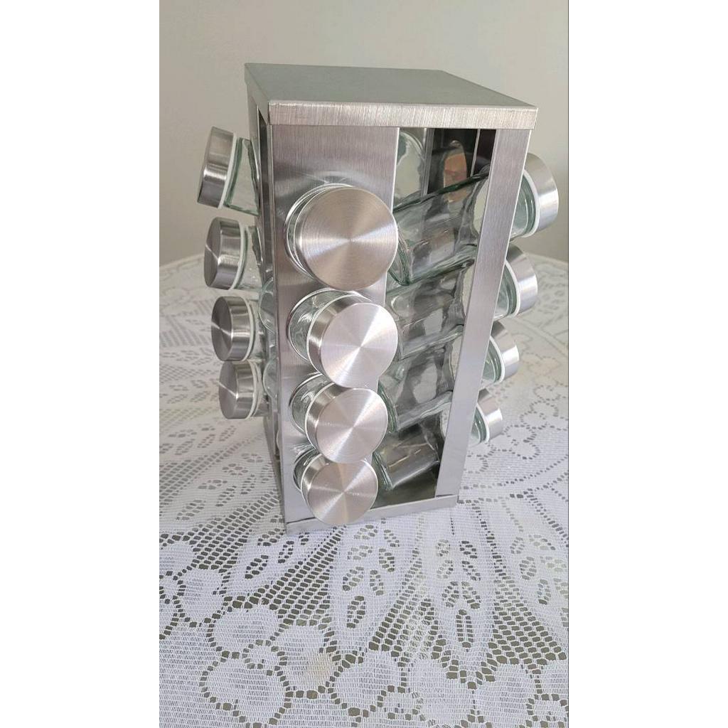 Porta Tempero ou Condimento Inox com 16 Potes + Suporte Giratório