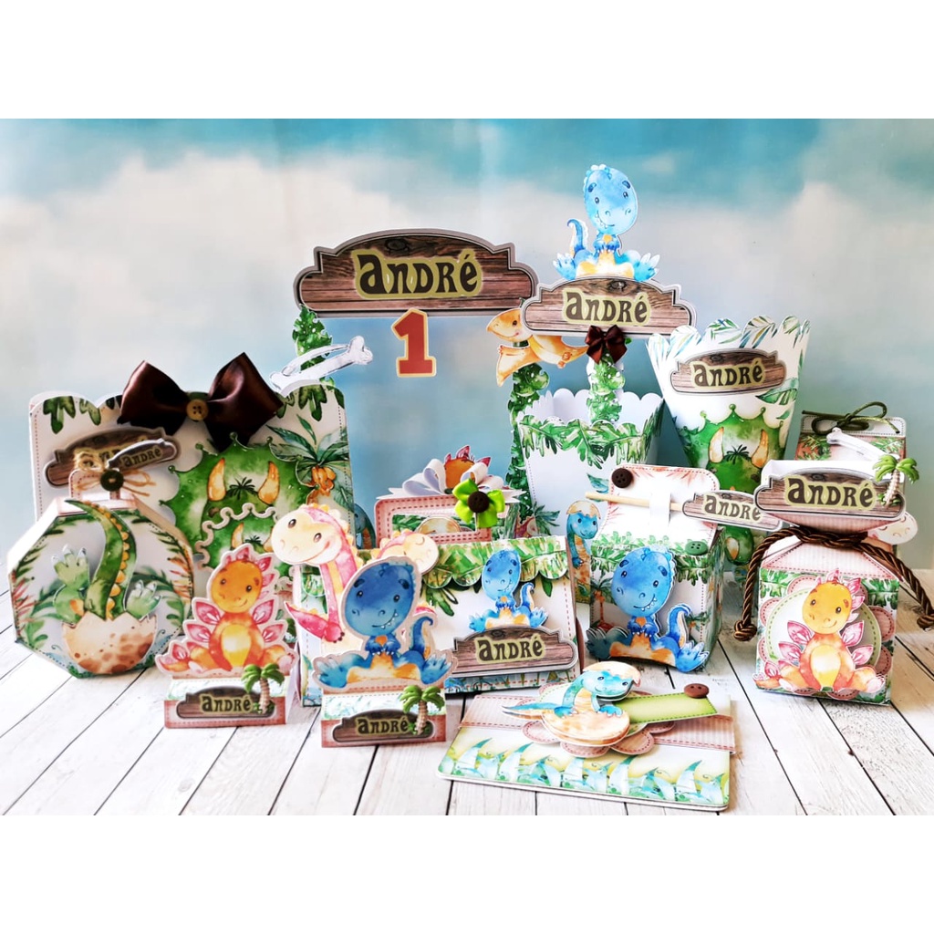 Kit Festa DINOSSAURO AQUARELA Personalizado | Lembrancinhas | Decoração Aniversário | Caixa Milk Pirâmide