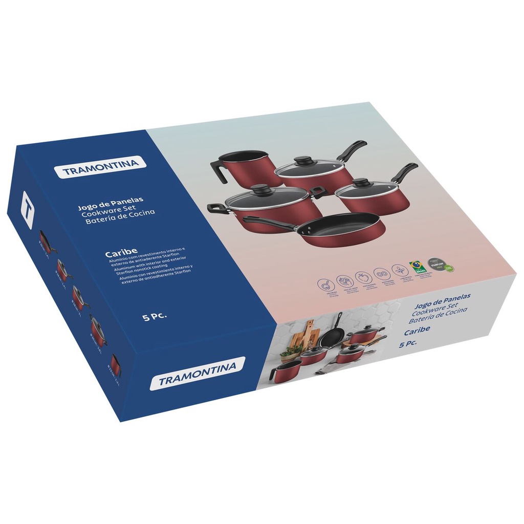 Jogo de Panela Tramontina Antiaderente 5 Peças Caribe Vermelho