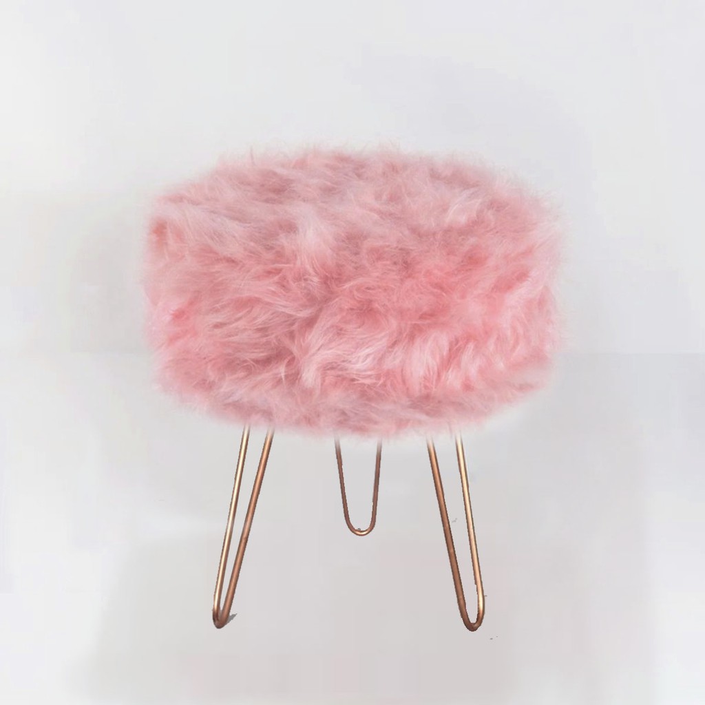 Puf Puffe Puff  Redonda Pés de Ferro Rosê Gold  Pelúcia Pelo Alto Rosa