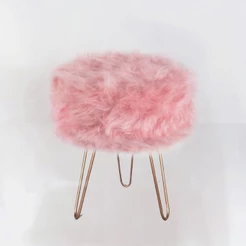 Puf Puffe Puff Redonda Pés de Ferro Rosê Gold Pelúcia Pelo Alto Rosa