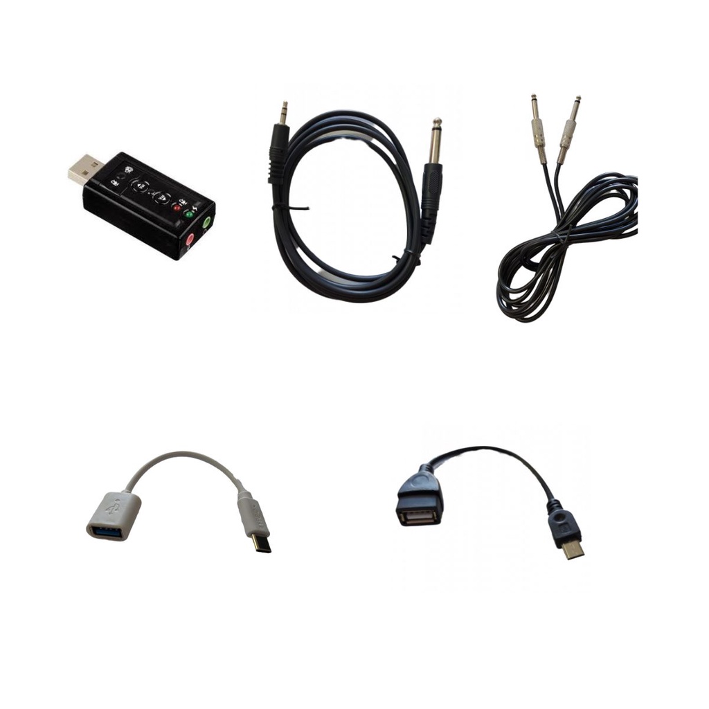 Kit Audio completo placa de audio usb 7.1 externo usb 2.0 cabo conversor, cabo otg usb x v8, cabo otg usb x tipoc, cabo p10 x p2 (1.5m), cabo p10 x p10 (3m)