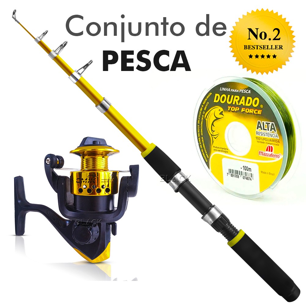 Kit De Pesca Completo 1 Vara Telescópica 40% Carbono 1 Molinete Mais Linha Para Tilapia Traira Tucunare conjunto para 10kg (Ref:00)