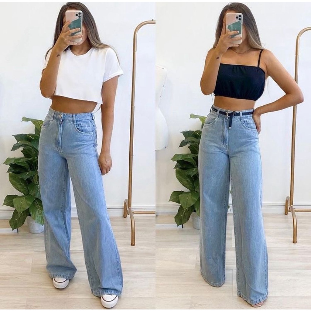 Calça Wide Leg Pantalona Boca de Sino Jeans Claro Liso Moda Tendência 2022