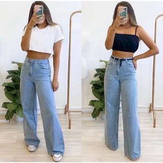 Calça Wide Leg Pantalona Boca de Sino Jeans Claro Liso Moda Tendência 2022