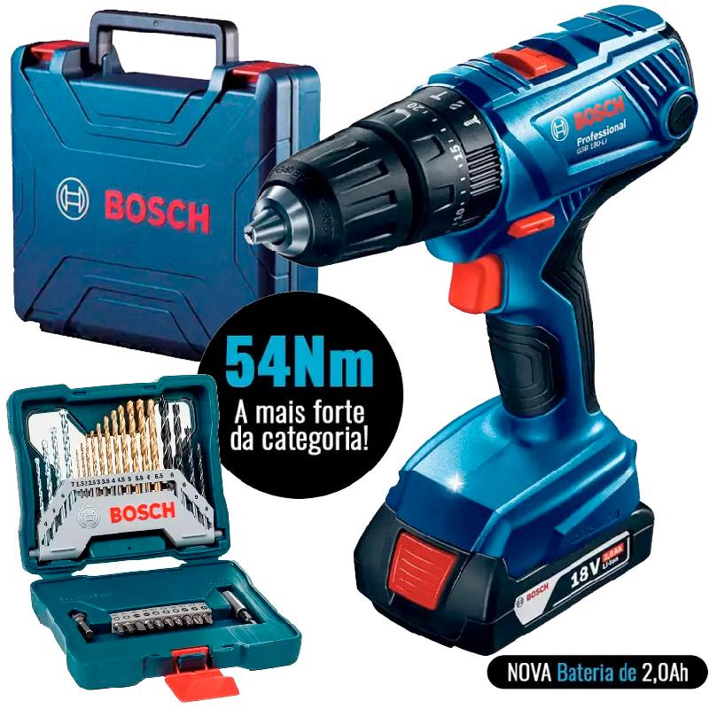 Furadeira Parafusadeira de Impacto Bateria 18V GSB 180-LI +  Estojo 30 Peças X-Line BOSCH