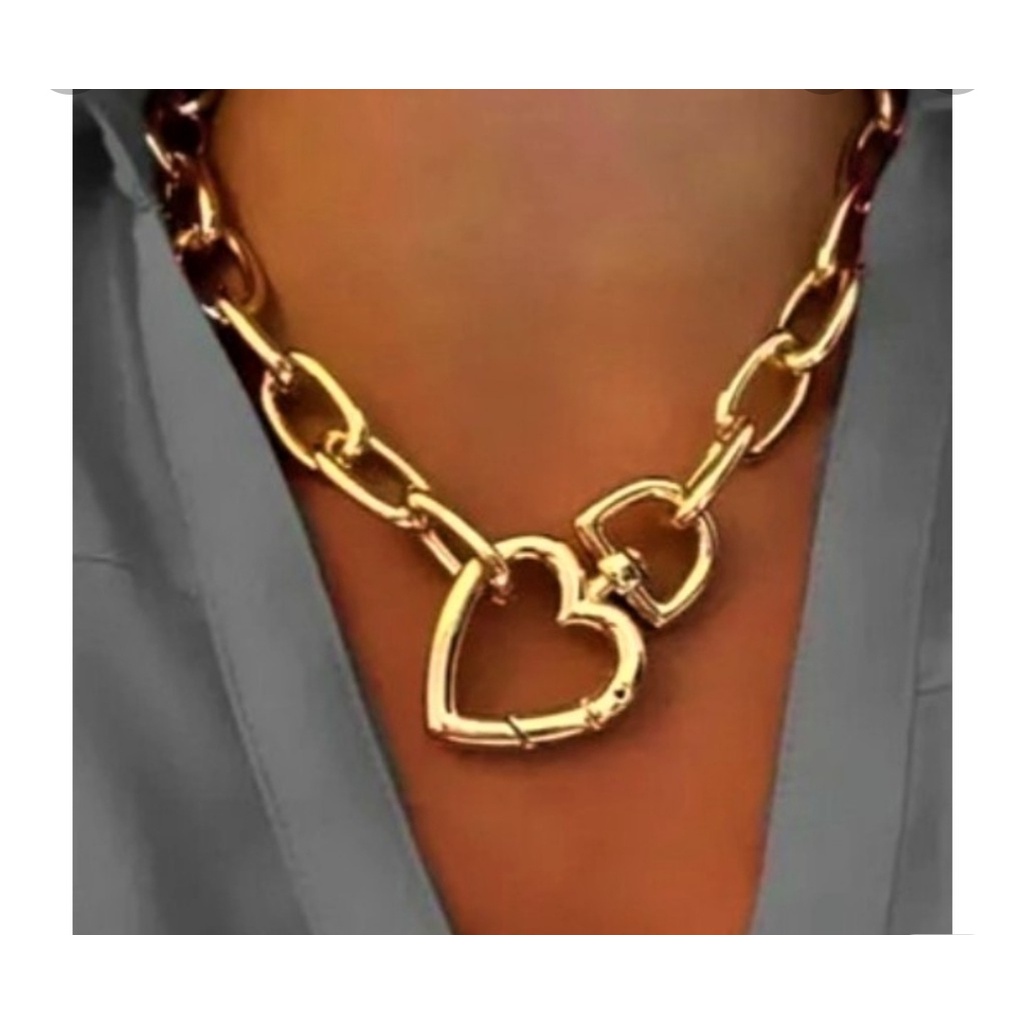 Colar Feminino choker corrente Elos grossa folheado a ouro 18k Mosquetão Coração Fashion moda — imagem 2 de 2