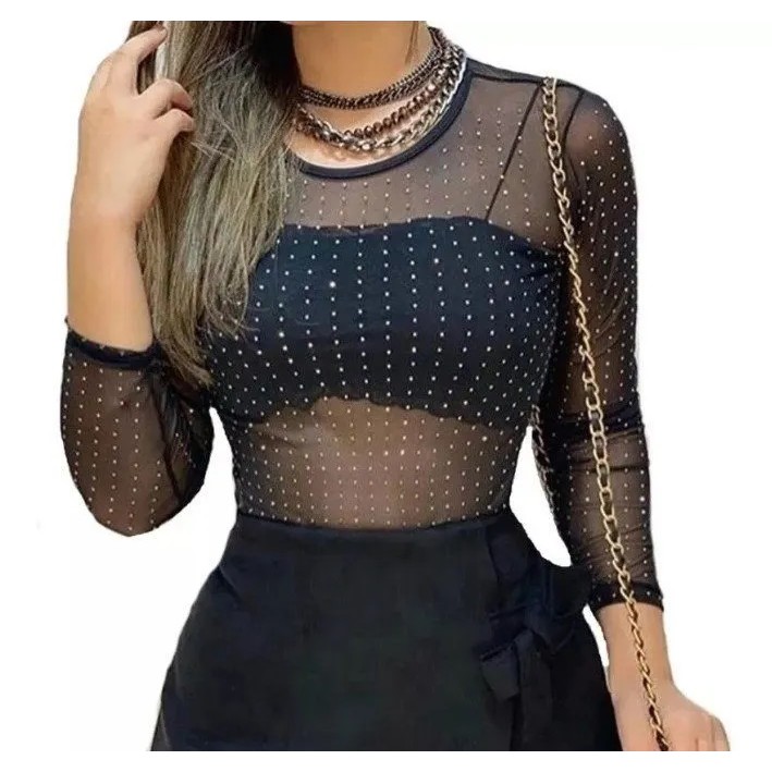 Blusa Bory Manga Longa Tule Pedraria