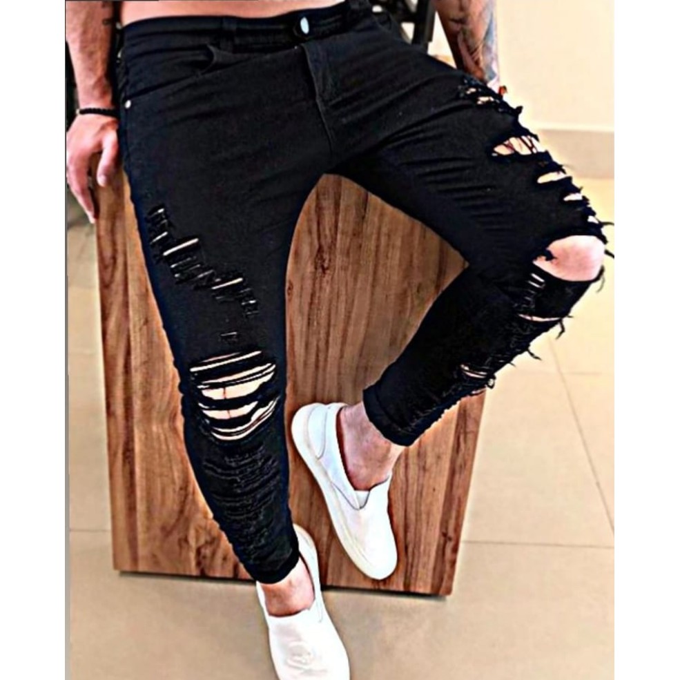 Calça jeans masculina skinny destroyed cor Preta rasgada com lycra ...