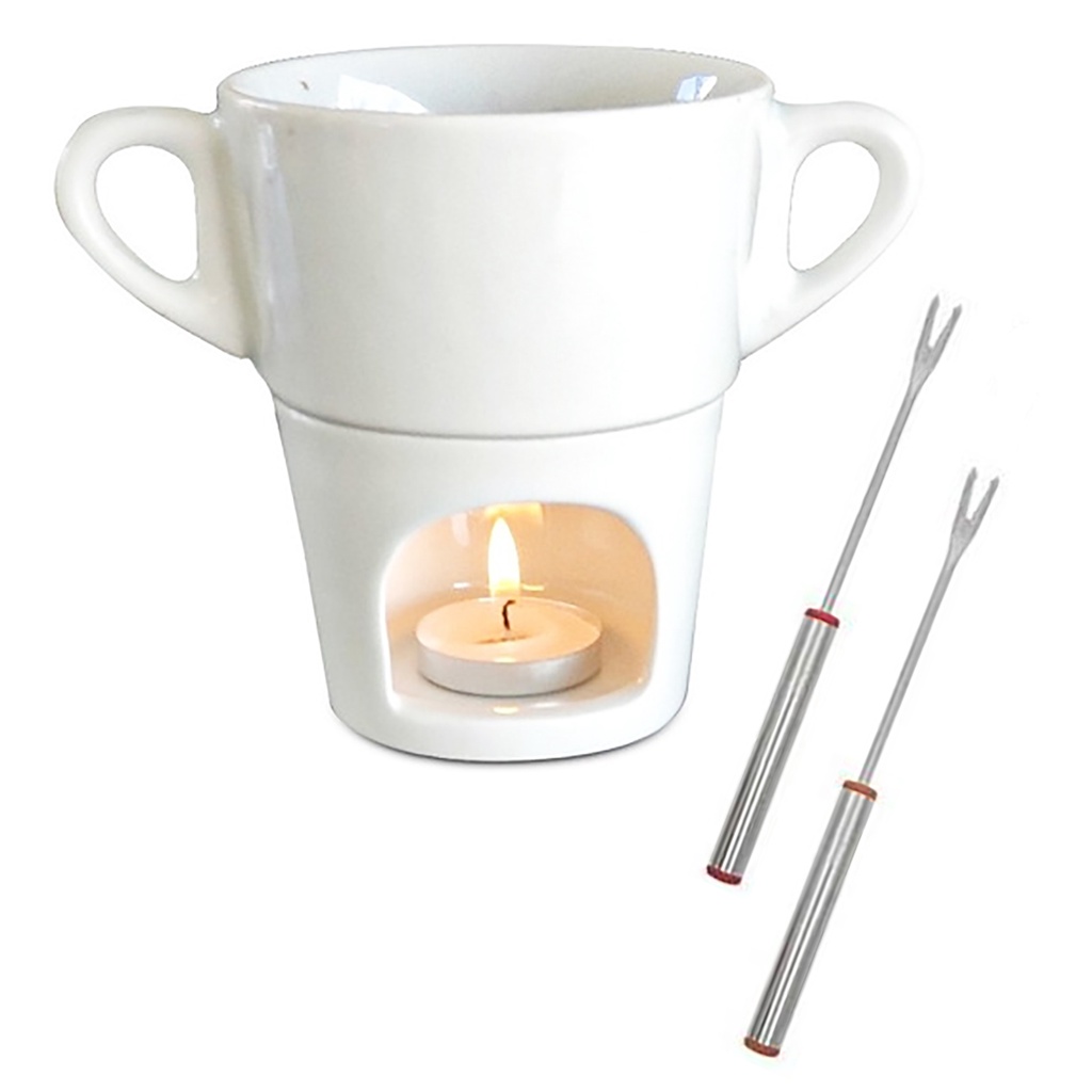 Mini aparelho de fondue porcelana individual, casal tipo caneca com 2 velas e 2 garfos inox