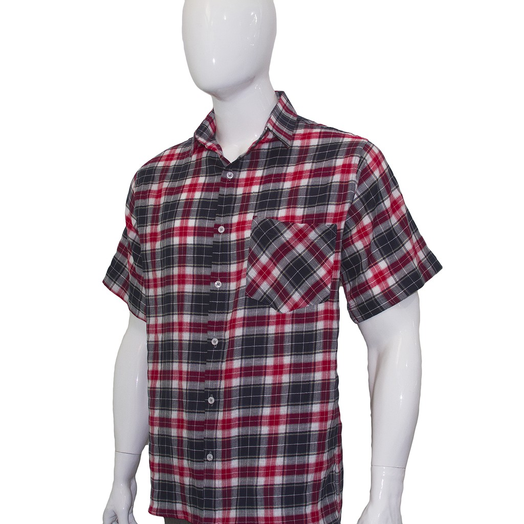 Camisa Social Curta Algodão Elastano Serviço Trabalho Xadrez Vermelha