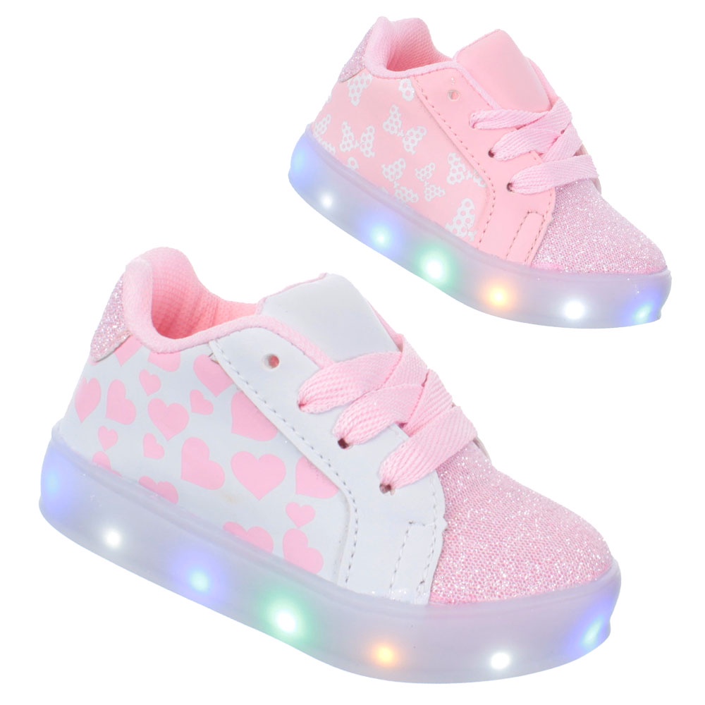 Tenis Calcado de Led Luz Pisca e Glitter Feminino infantilMeninas Branco Coracao ou Rosa Laco PC026
