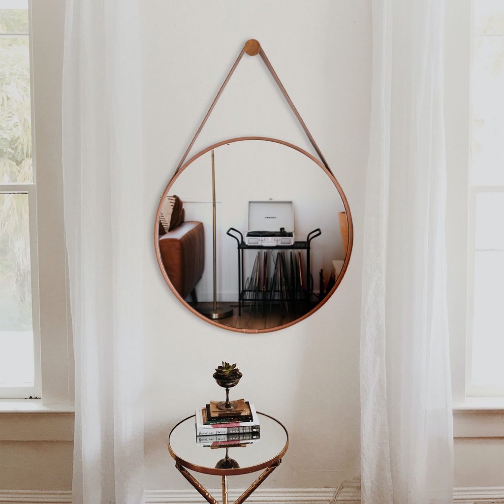 Espelho Decoração Para Lavabo Sala Banheiro Escritóro c/ Alça em Couro Ecológico 60cm + Suporte de Fixação - Casa Domo - Home & Living