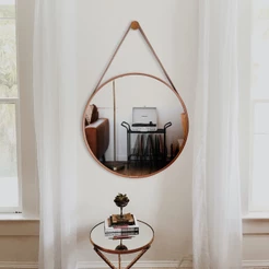 Espelho Decoração Para Lavabo Sala Banheiro Escritóro c/ Alça em Couro Ecológico 60cm + Suporte de Fixação - Casa Domo