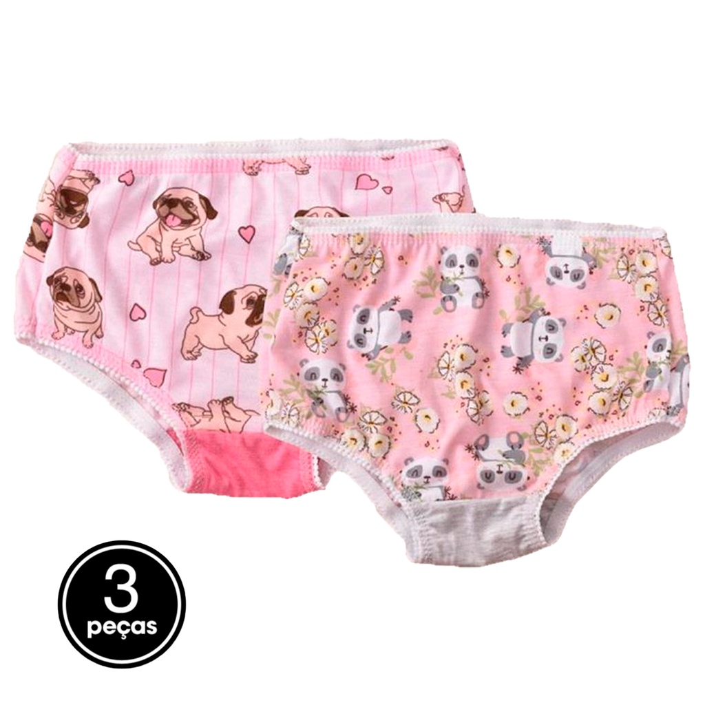 Kit 3 Calçolinhas Menina Cores e Estampas Variadas Calcinha Algodão Infantil