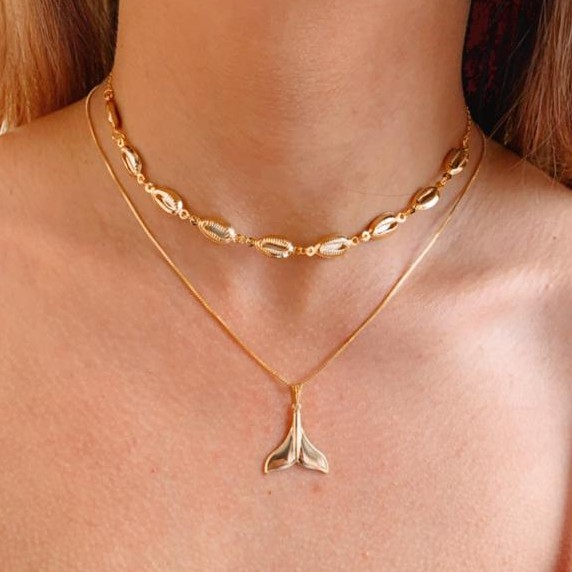 gargantilha Choker De Búzios Concha ouro 18k + Colar calda Rabo De Sereia Ouro 18k