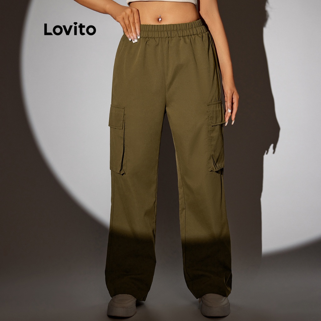 Lovito Calças Brasil Copa 2022 Casual Lisas com Bolso e Cintura Elástica L22LD144 (Verde Exército)