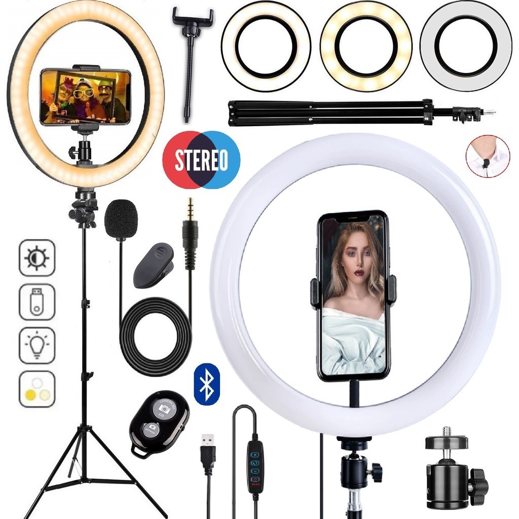 Kit Youtuber Tripé Microfone Lapela Celular + Iluminador Ring Light Anel Led Gravação de Vídeo Profissional Universal