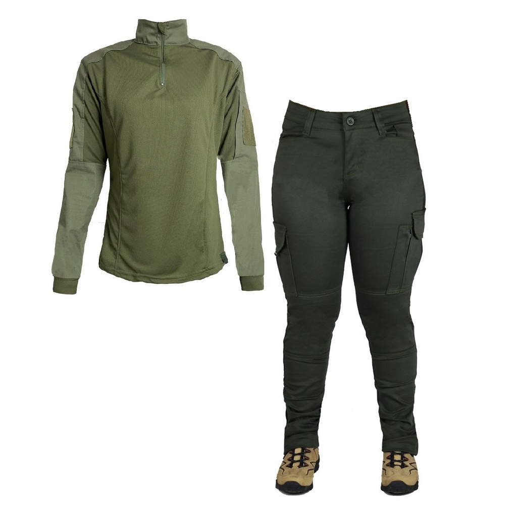 Farda (Calça Fem-Tac + Combat Shirt Feminina) Militar Tática Bélica Verde