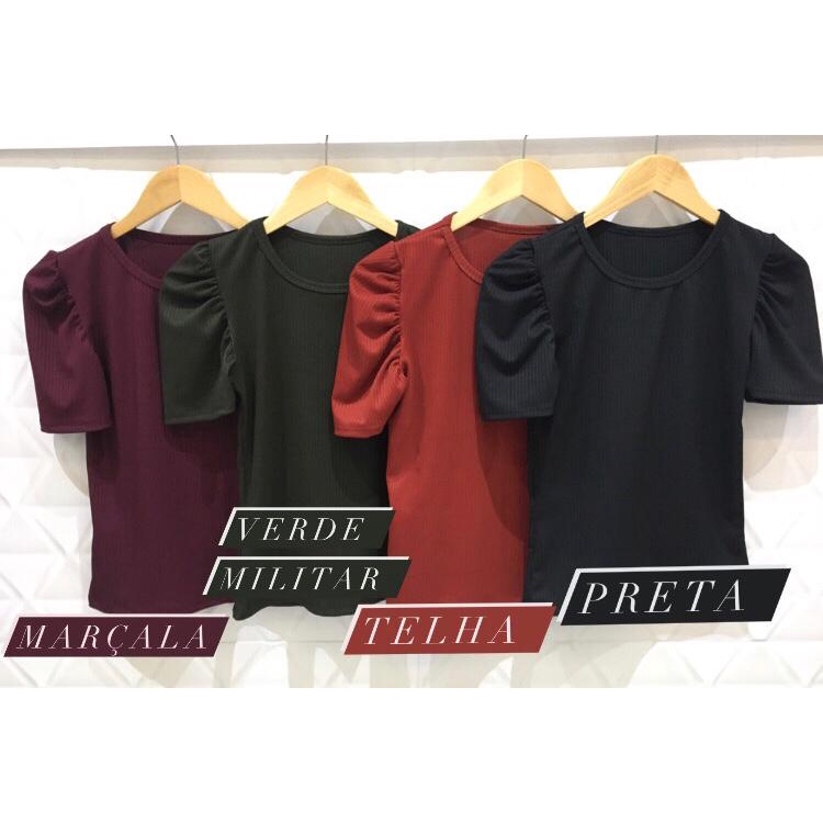 Blusa feminina manga bufante princesa curta malha canelada com elastano moda feminina