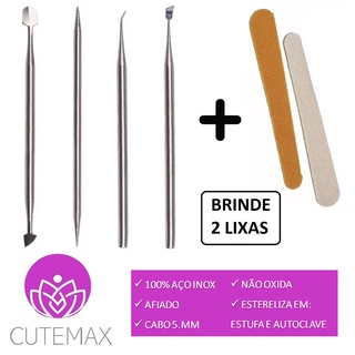 Kit Espátula + Palito + Desencravador + Raspador Unhas Inox Cutemax P