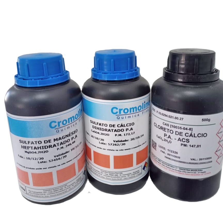 Kit reagentes para correção de água para cerveja sulfato magnesio, cloreto calcio e sulfato calcio