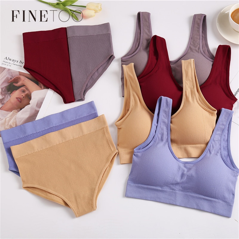 FINETOO Conjunto De Calcinhas Sem Costura De Cintura Alta Roupa Íntima Feminina Fio Soutien Acolchoado Macio S-XL Lingerie Bralette Costas - Women Clothes