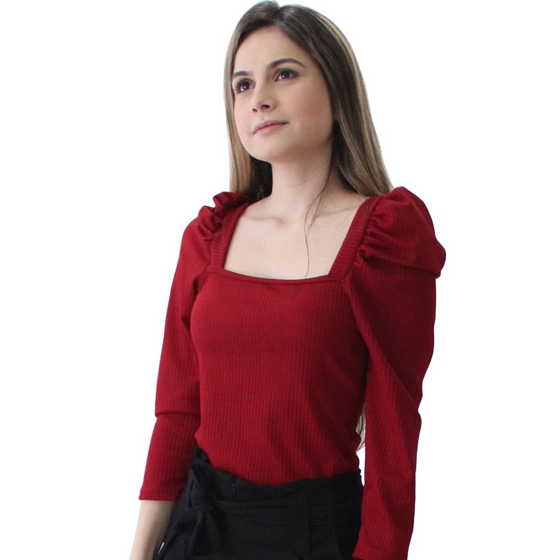Blusa Manga Bufante Princesa Decote Quadrado Canelado Blogueira