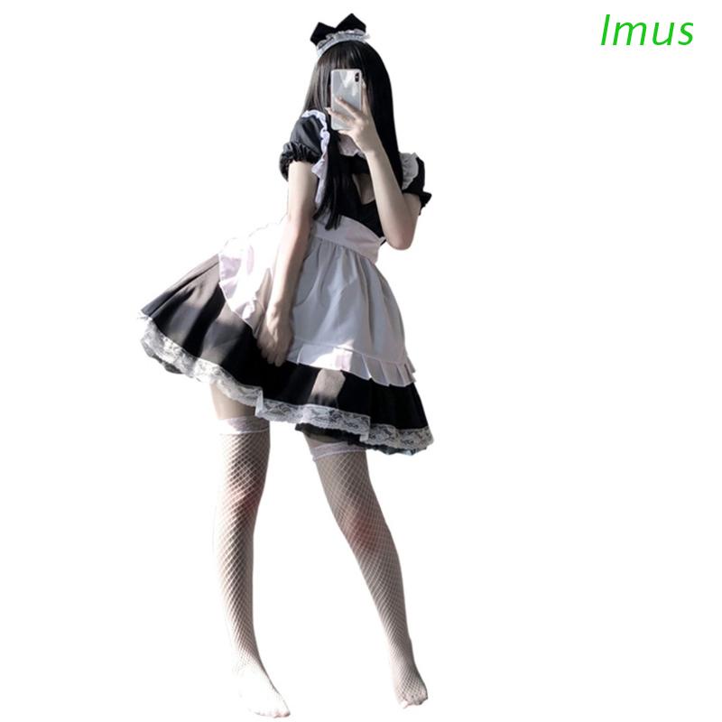 Imus Women French Maid Uniform Lingerie Set Sexy Hollow Heart Dress