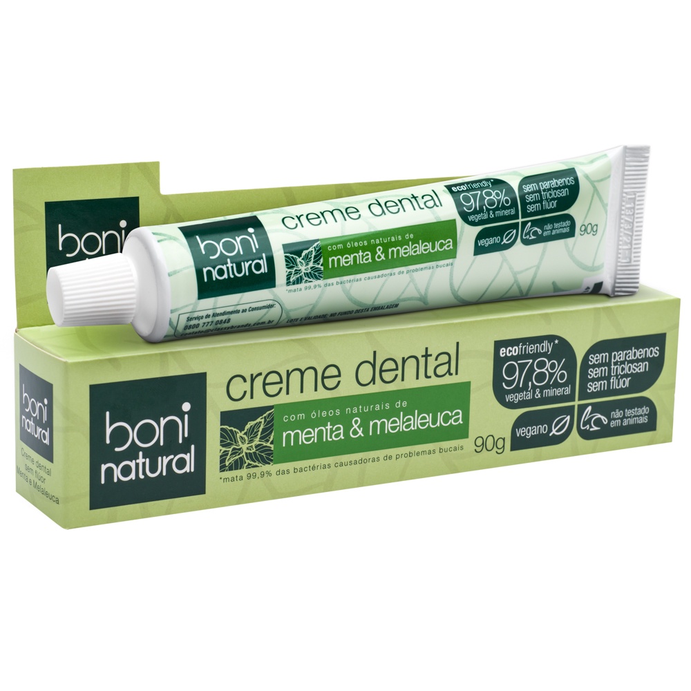 Creme Dental Sem Fluor Vegano Menta e Melaleuca Boni Natural 90g Pasta ...