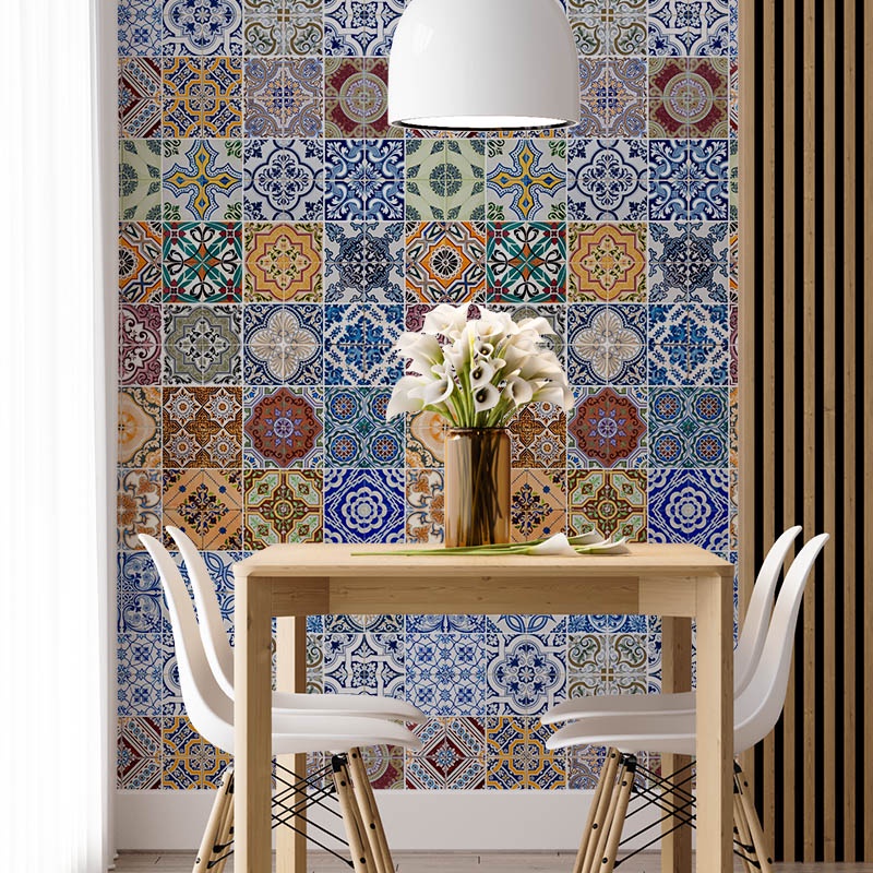 Papel De Parede Adesivo Azulejo Azul, Branco e Laranja - Vinil Autocolante Com Brilho