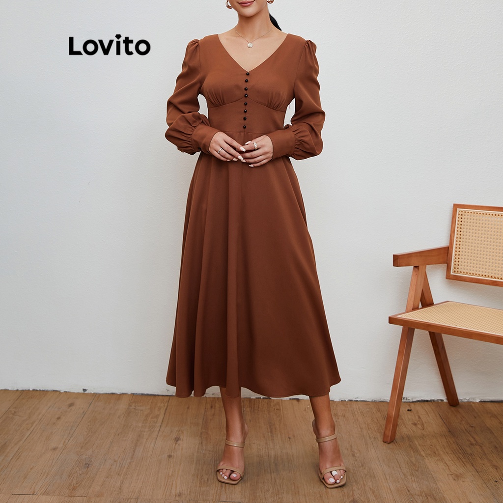 Lovito Vestido De Baile Liso com Gola V e Manga Longa L20D062 (Marrom)