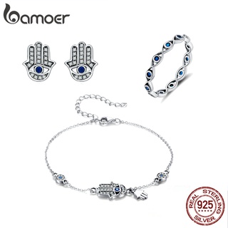 Bamoer 925 Conjunto De Joias De Prata Esterlina Brincos De Anel E Pulseira Estampa Da Sorte Para Meninas Presentes