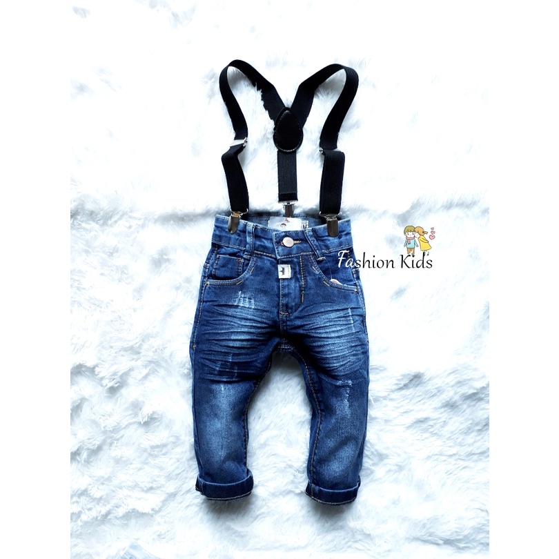 Calça Jeans Escura Roupa Infantil Com Elastano Bebê Menino com Suspensório
