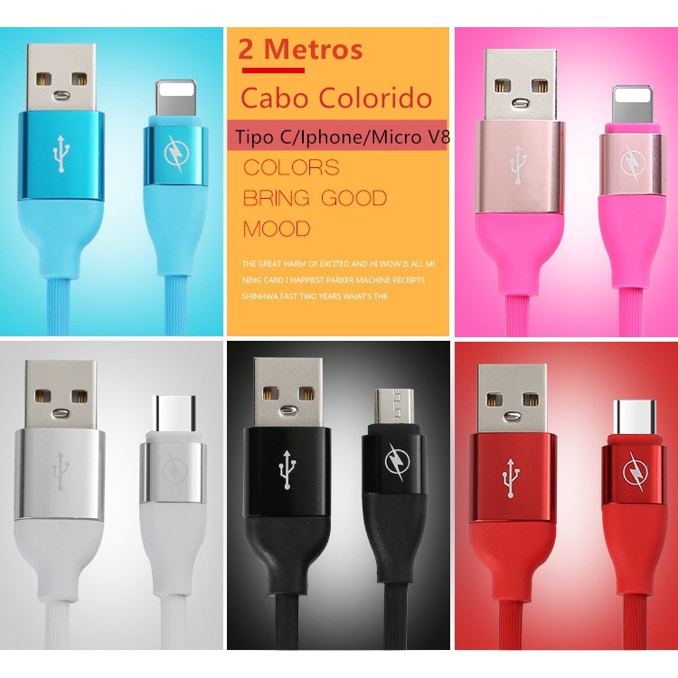 Cabo Tipo C/iphone/Micro v8 Usb Carregador Ultra 2 Metros Cabo Iphone Coloridos Cor Neon