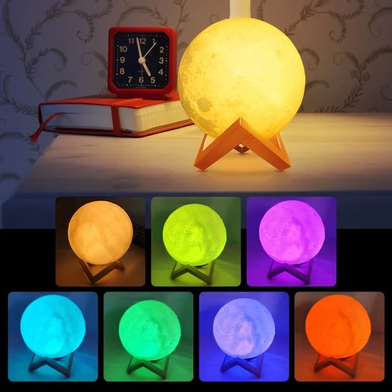 Luminaria Lua 12cm + Base 4cm 3D Colorida, Branco ou Amarela