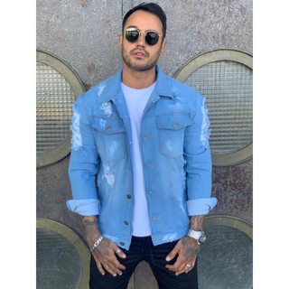 Jaqueta Jeans Masculina Azu lClara Destroyer, Rasgada No Estilo