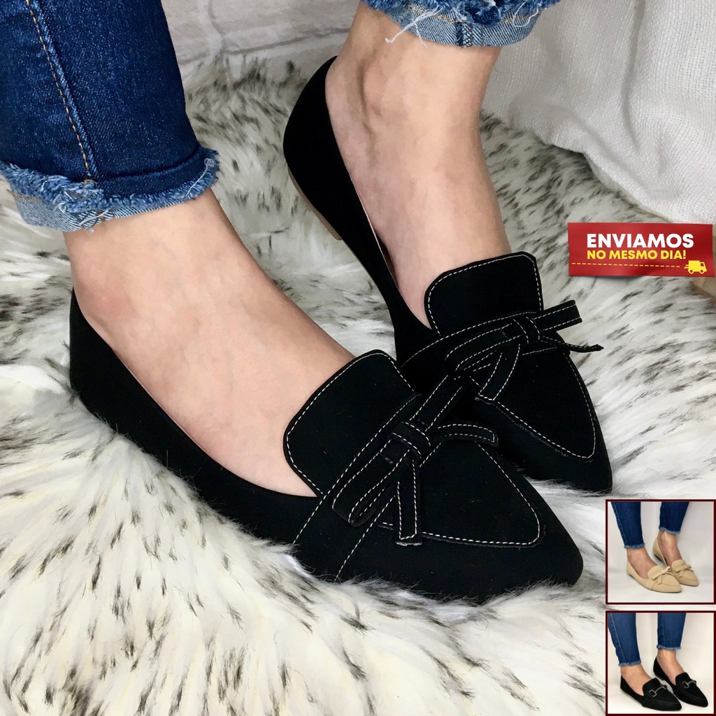 Sapato Feminino Mocassim Feminino Sapatilha Feminina Casual Social Bico Fino Rasteira Confortável Preto Nude Moda