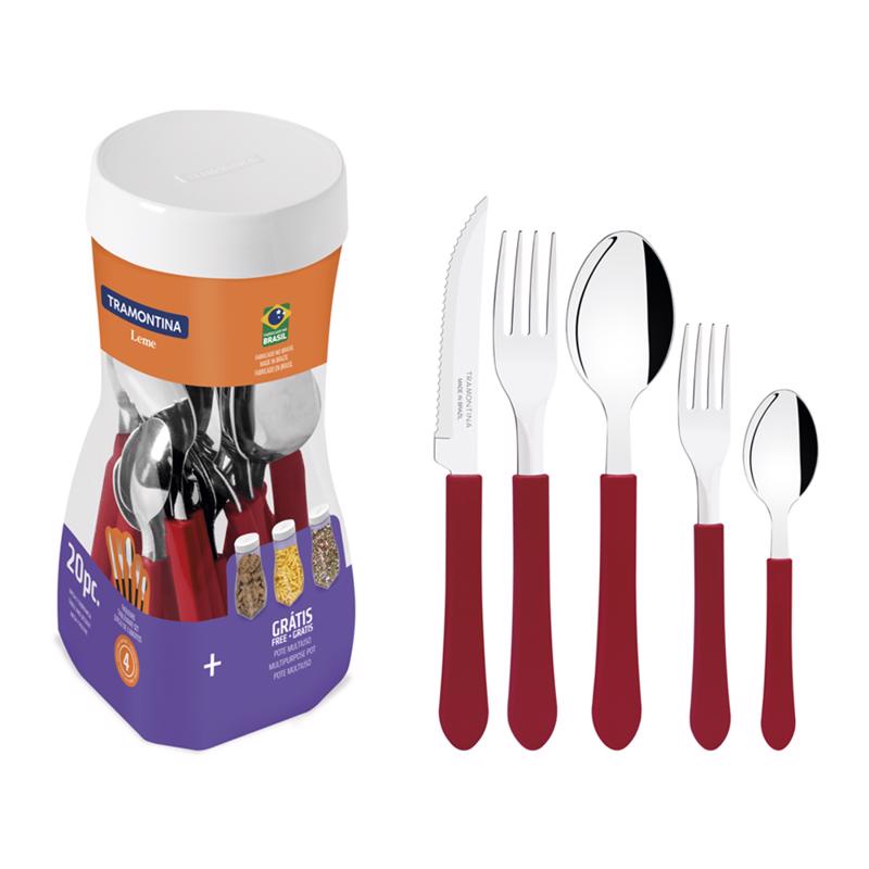 Faqueiro Leme Lâminas em Aço Inox e Cabo Vermelho 20 Peças - Tramontina em Oferta na Shopee