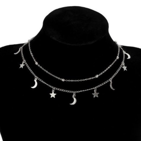 Correntinha Dupla + Pingentes Luas Estrelas e Bolinhas Prata- Colar Duas Camadas Boho Feminino Luxo!