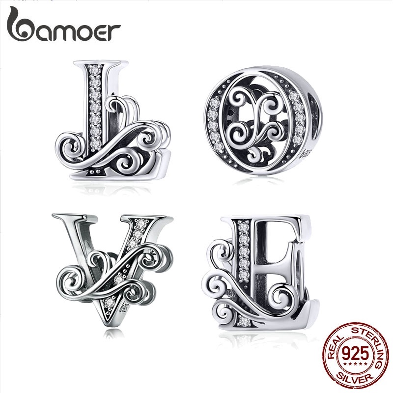 BAMOER 26 Letter Bead 925 Sterling Silver Charm Bracelets Accessories BSC030 em Oferta na Shopee