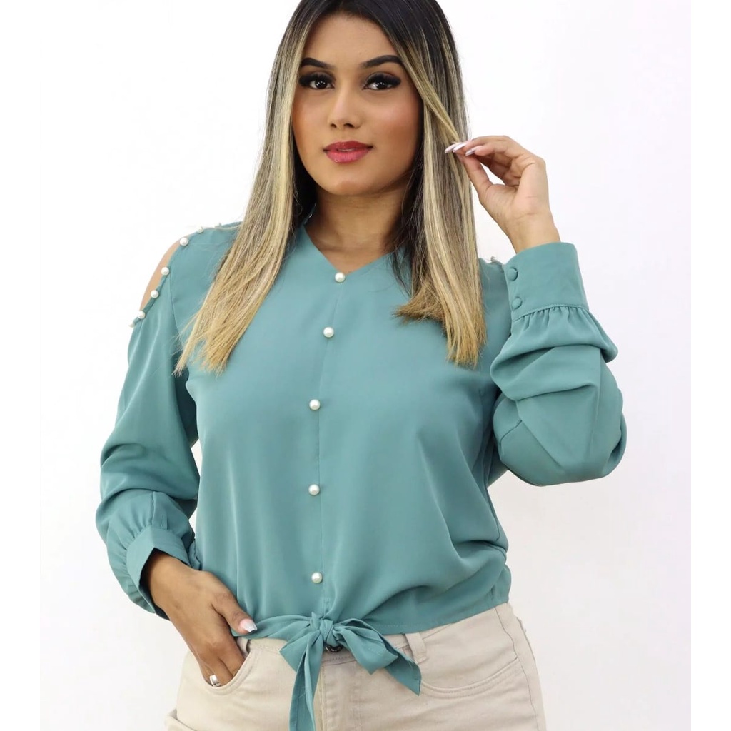 Blusa de Festa/ Casual com Perolas no Ombro de Amarrar REf MD215