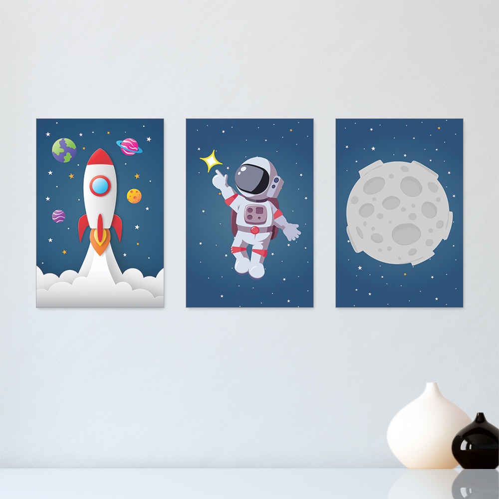 Kit 3 Quadros Decorativos Infantil Quarto Menino Bebe Astronauta Foguete Placas Decorativas - 0110ktpl