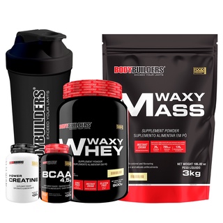 Kit Hipercalórico Waxy Mass 3kg, Waxy Whey 900g, Power Creatina 100g, BCAA 100g, Coqueteleira - Bodybuilders