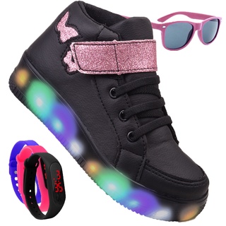 Kit Tenis Feminino Infantil Botinha De Led Meninas Cano Alto + Óculos e Relógio Barato Macio Confortável em Oferta na Shopee