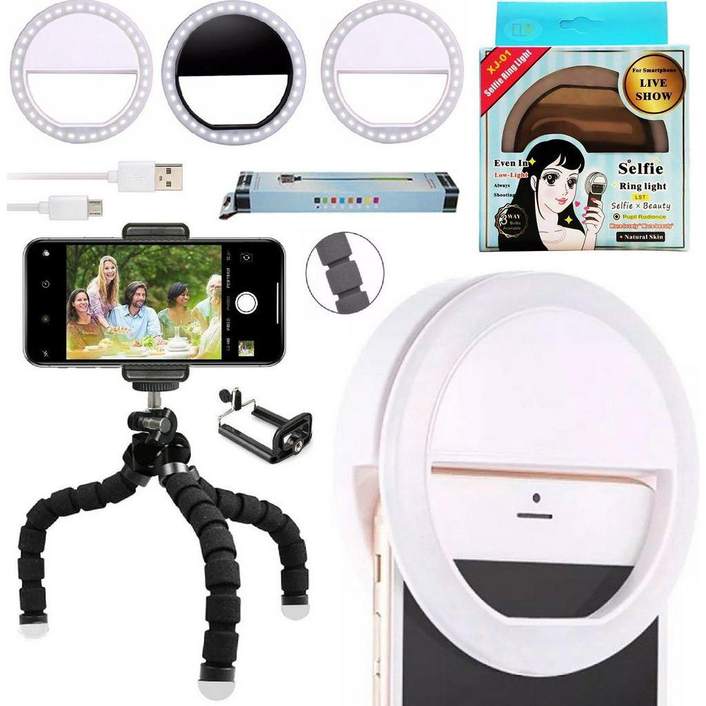 Kit Acessórios Youtuber Mini Tripé Flexível Suporte Celular Iluminação Luz Led Anel Clip Ring Light Universal Smartphone