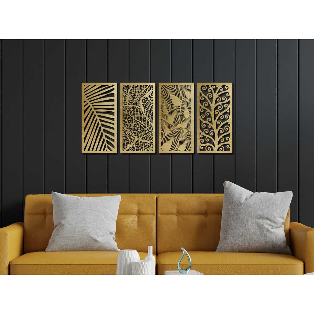 Conjunto 4 Quadro Folhas Vazado Decorativo Escultura Parede