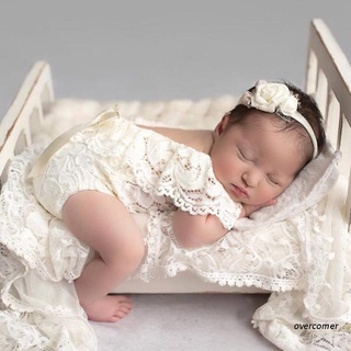 ove Bebê Arco Rendas Romper Headband Set Newborn Fotografia Props Bodysuit Macacão Com Faixa De Cabelo Outfits Foto Tiro Traje