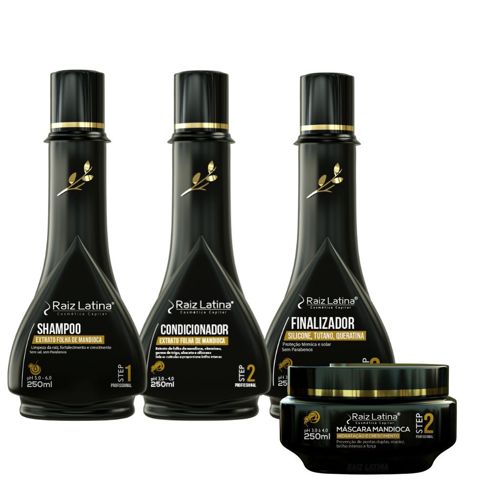 Kit Extrato Folha de Mandioca 250ml Raiz Latina Shampoo Condicionador Máscara + Finalizador Tutano Raiz Latina Cabelos Mistos e Oleosos