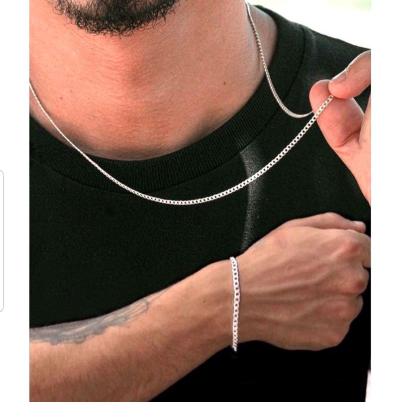 Conjunto Colar E Pulseira Corrente Masculina Banhado A Prata 925 (2.5 mm)